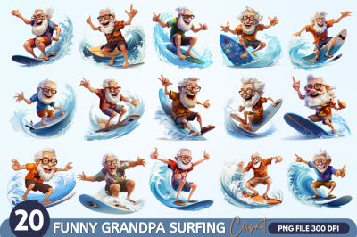 Funny Grandpa Surfing Clipart Bundle