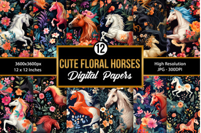 Floral Horses Seamless Pattern Digital Papers