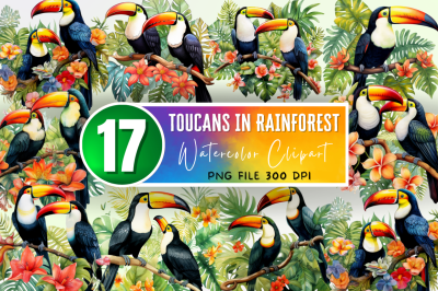 Toucans in Rainforest Sublimation Clipart BunDle