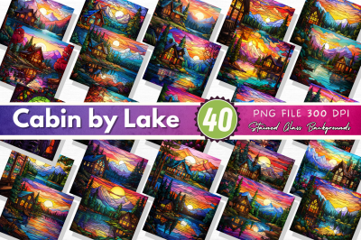 Cabin by Lake Stained Glass Backgrounds Bundle