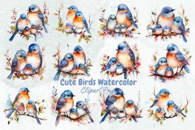 Cute Birds Watercolor Clipart Wall Art