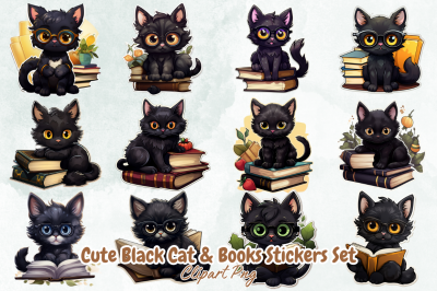 Cute Black Cat &amp;amp; Books Stickers Set