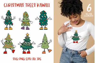 Kawaii Christmas trees | Set of Christmas SVG illustrations | PNG