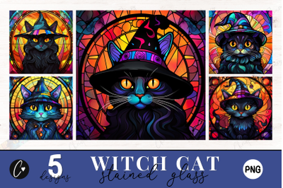 Stained Glass Halloween Witch Cat