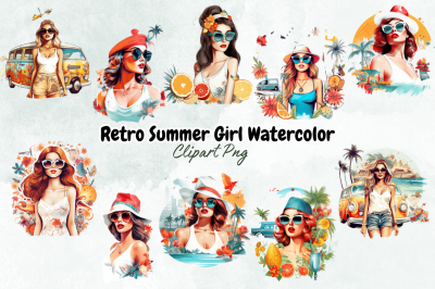 Retro Summer Girl Watercolor Clipart