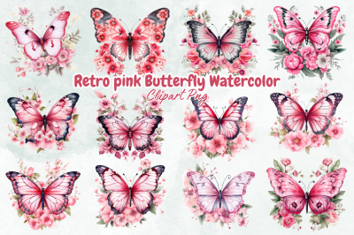 Retro pink Butterfly Watercolor Clipart