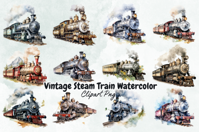 Vintage Steam Train Watercolor Clipart