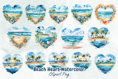 Beach Heart Watercolor Clipart Bundle