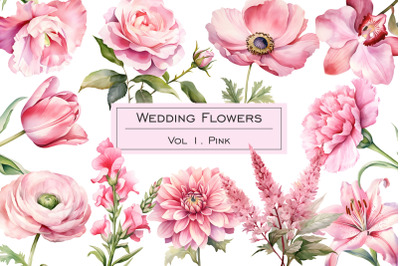 Watercolor pink wedding flowers clipart. Pastel pink flower clip art.