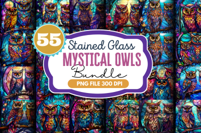 Stained Glass Mystical Owls Cool Clipart Bundle