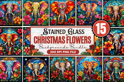 Stained Glass Christmas Flowers Elephant Backgrounds Bundle