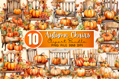 Autumn Chairs Watercolor Pumpkins Backgrounds Bundle