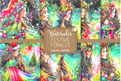 Festive Females - Watercolor Digital Paper Illustrations