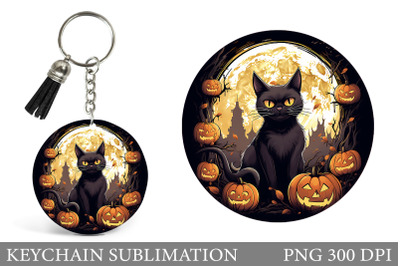 Black Cat Round Keychain. Halloween Keychain Design