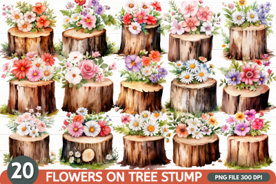 Flower Wooden Stump Watercolor Clipart