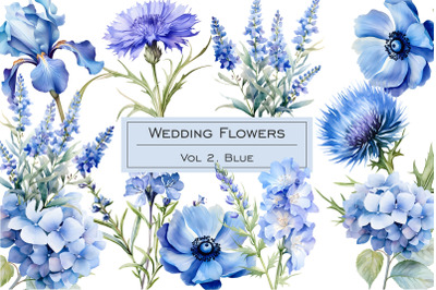 Watercolor blue wedding flowers clipart. Pastel blue flower clip art.