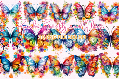 Rainbow Butterfly and Flowers