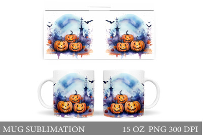 Halloween Mug Wrap Design. Scary Pumpkin Watercolor Mug Wrap