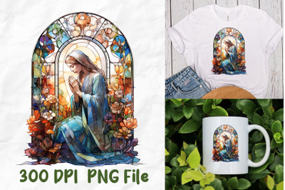 Jesus Stained Glass Flowers Woman Pray