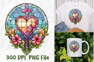 Jesus Stained Glass Cross Heart Flowers