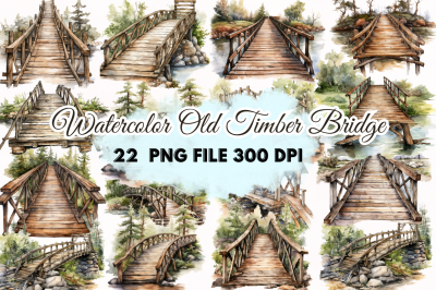 Old Timber Bridge Watercolor Clipart  Bundle