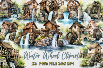 Water Wheel Watercolor Clipart  Bundle