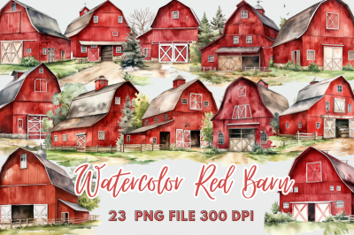 Watercolor Red Barn Sublimation Clipart Bundle