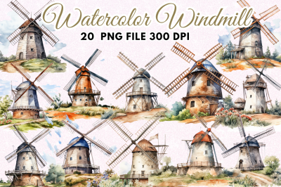 Windmill Watercolor Clipart  Bundle