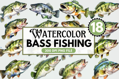 Bass Fishing Watercolor Art Clipart Bundle