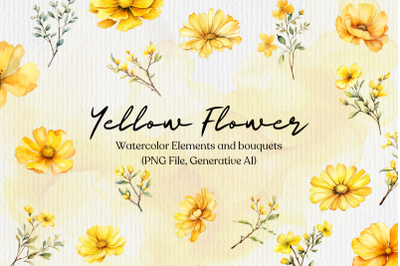 Yellow Flower Watercolor PNG Elements and Bouquets (Generative AI)