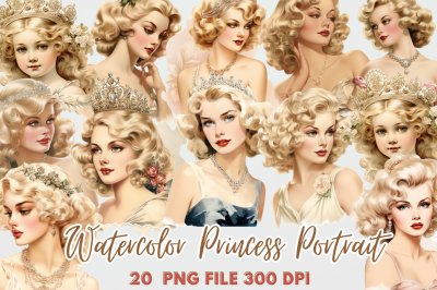 Princess Portrait Watercolor Clipart  Bundle