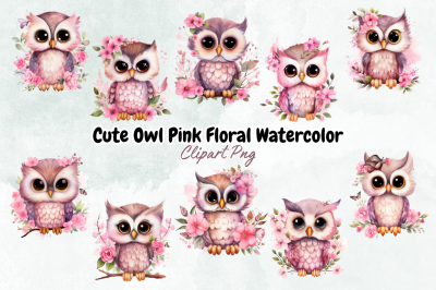 Cute Owl Pink Floral Watercolor Clipart