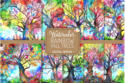 Watercolor Rainbow Fall Trees Digital Papers