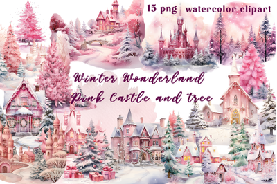 Winter Wonderland Pink Castle and tree clipart