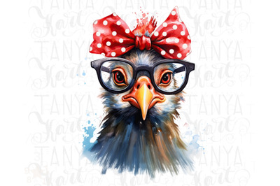 Funny Chicken with Red Bow and Glasses PNG Sublimation Design