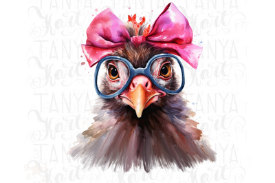Funny Chicken with Pink Bow and Glasses PNG Sublimation Design