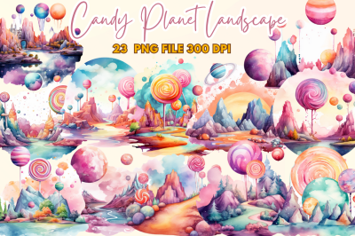 Watercolor Candy Planet Landscape Clipart