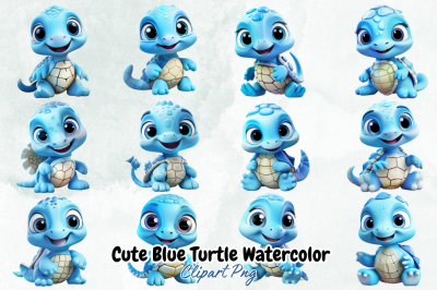 Cute Blue Turtle Watercolor Clipart