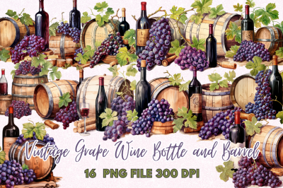 Vintage Grape Wine Bottle and Barrel