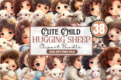 Cute Child Hugging Sheep Clipart