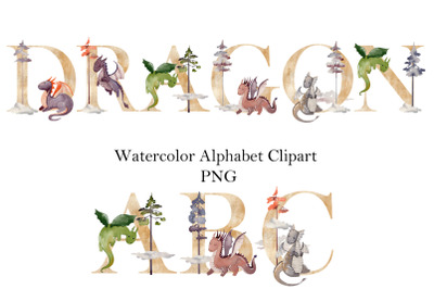 Watercolor alphabet with dragons.