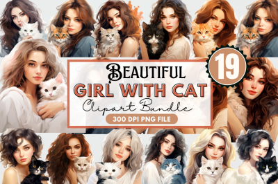 Beautiful Girl with Her Cat Clipart