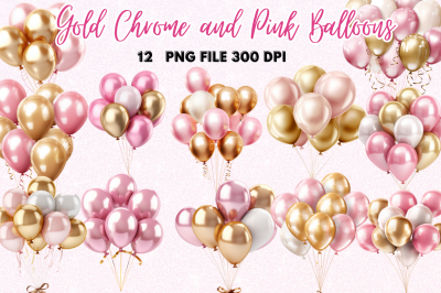 Gold Chrome and Pink Balloons Clipart