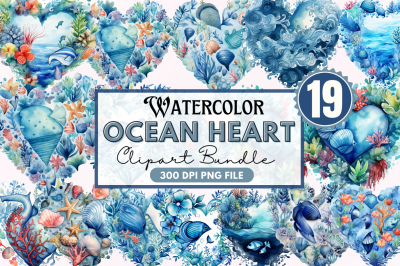 Ocean Heart Watercolor Sublimation Clipart