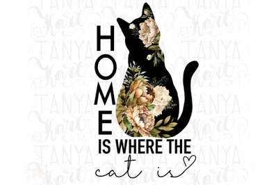 Cat With Peonies&2C; Home Is Where The Cat Is Png Digital Download