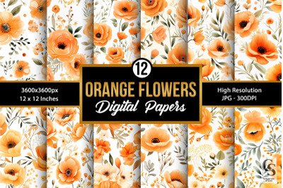 Watercolor Orange Flowers Digital Paper Patterns