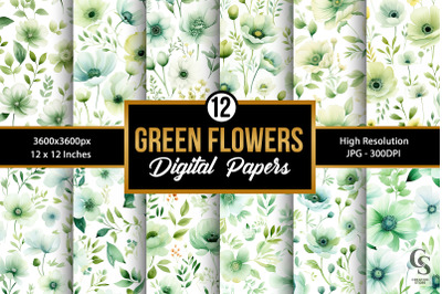Green Watercolor Floral Seamless Patterns
