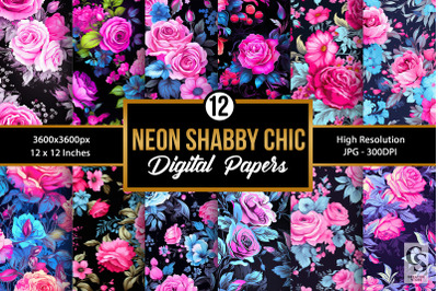 Neon Shabby Chic Flowers Digital Paper