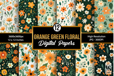 Orange and Green Flowers Digital Papers