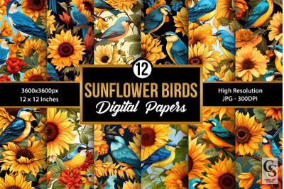 Sunflower &amp;amp; Birds Seamless Pattern Digital Papers